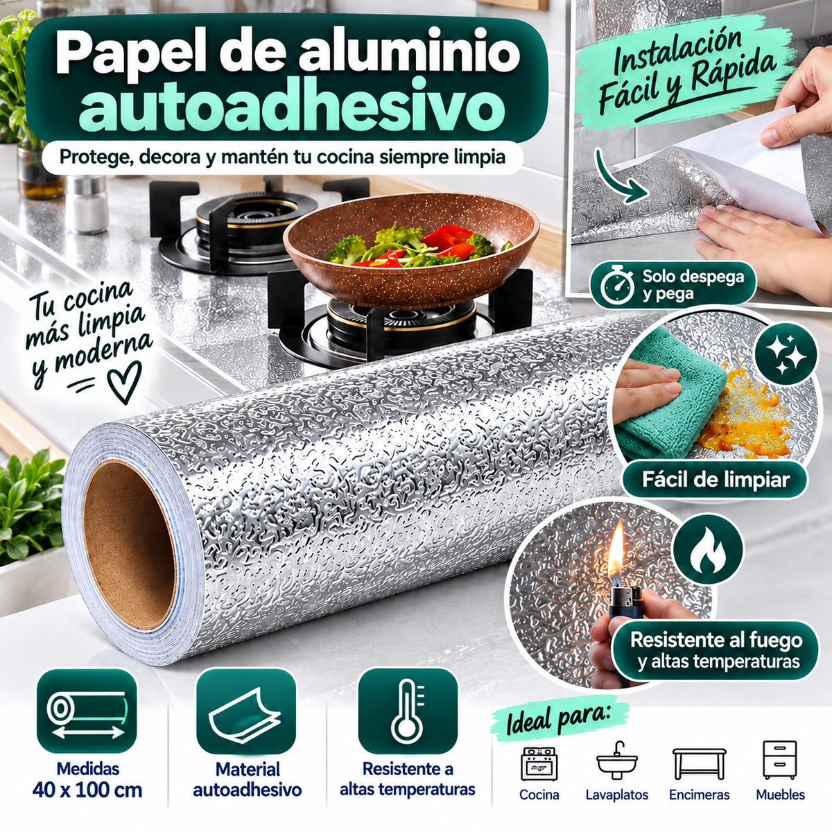 PAPEL DE ALUMINIO AUTOADHESIVO DE COCINA - OFERTA ESPECIAL 2X1
